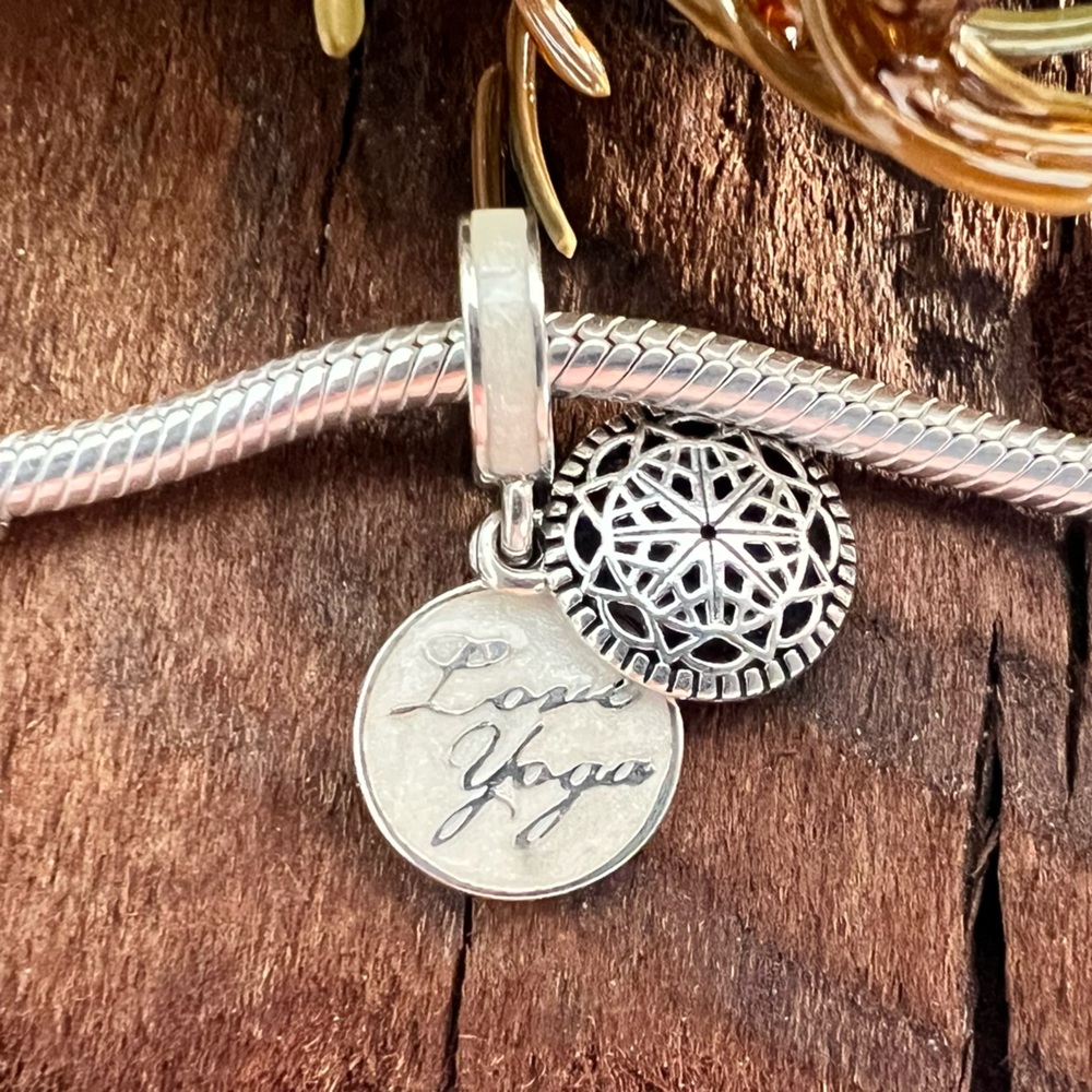 HTF Authentic Pandora Dangle True Yoga I love Yoga Double Disk White Enamel Love